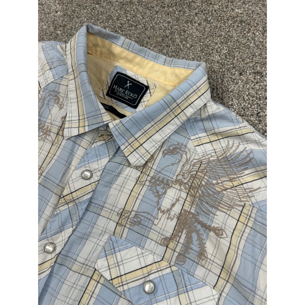 Marc Ecko Mens XXL Plaid Western Pearl Snap Shirt Embroidered Eagle #0788